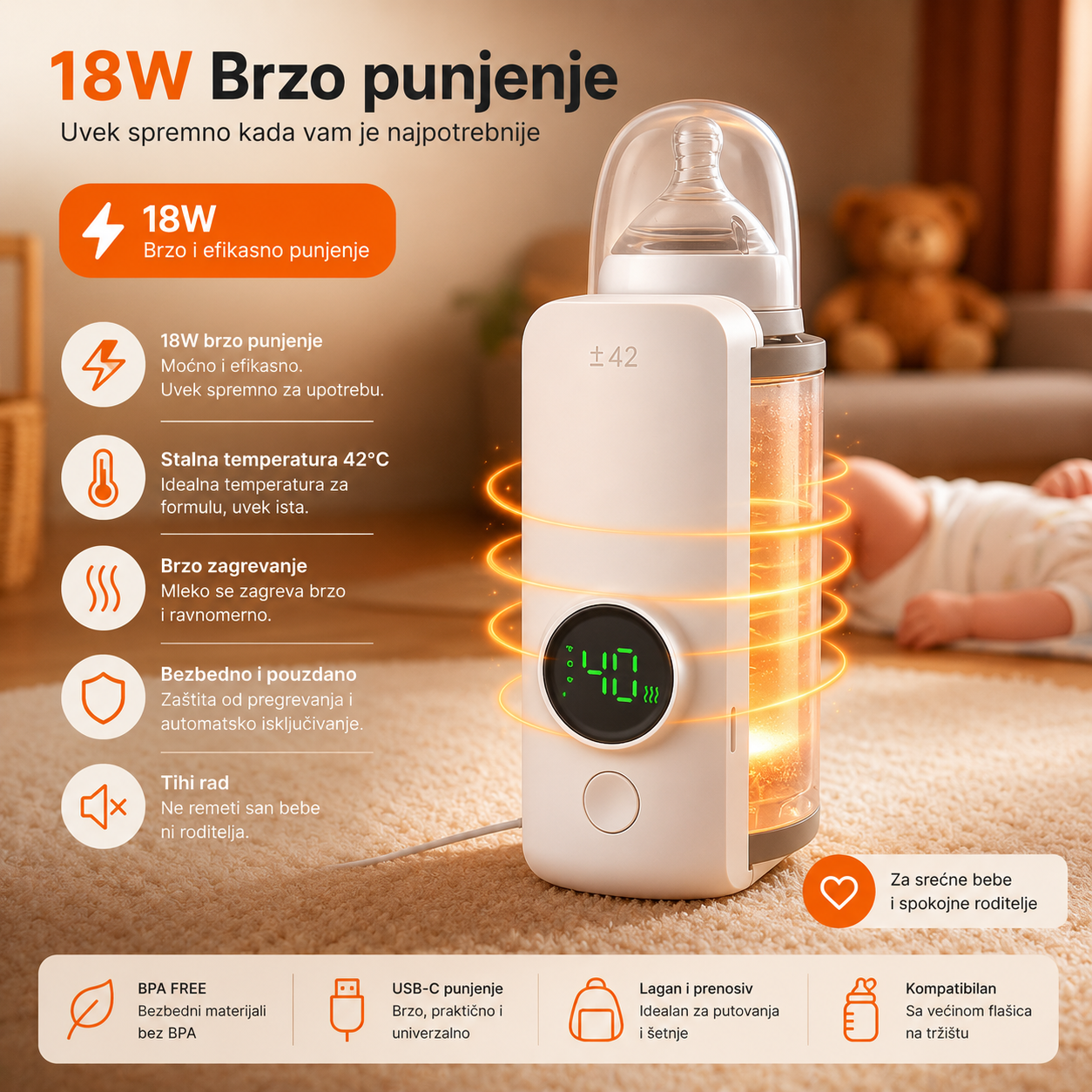 Prenosni USB Grejač za Flašice – Pametno Grejanje Mleka za Bebe