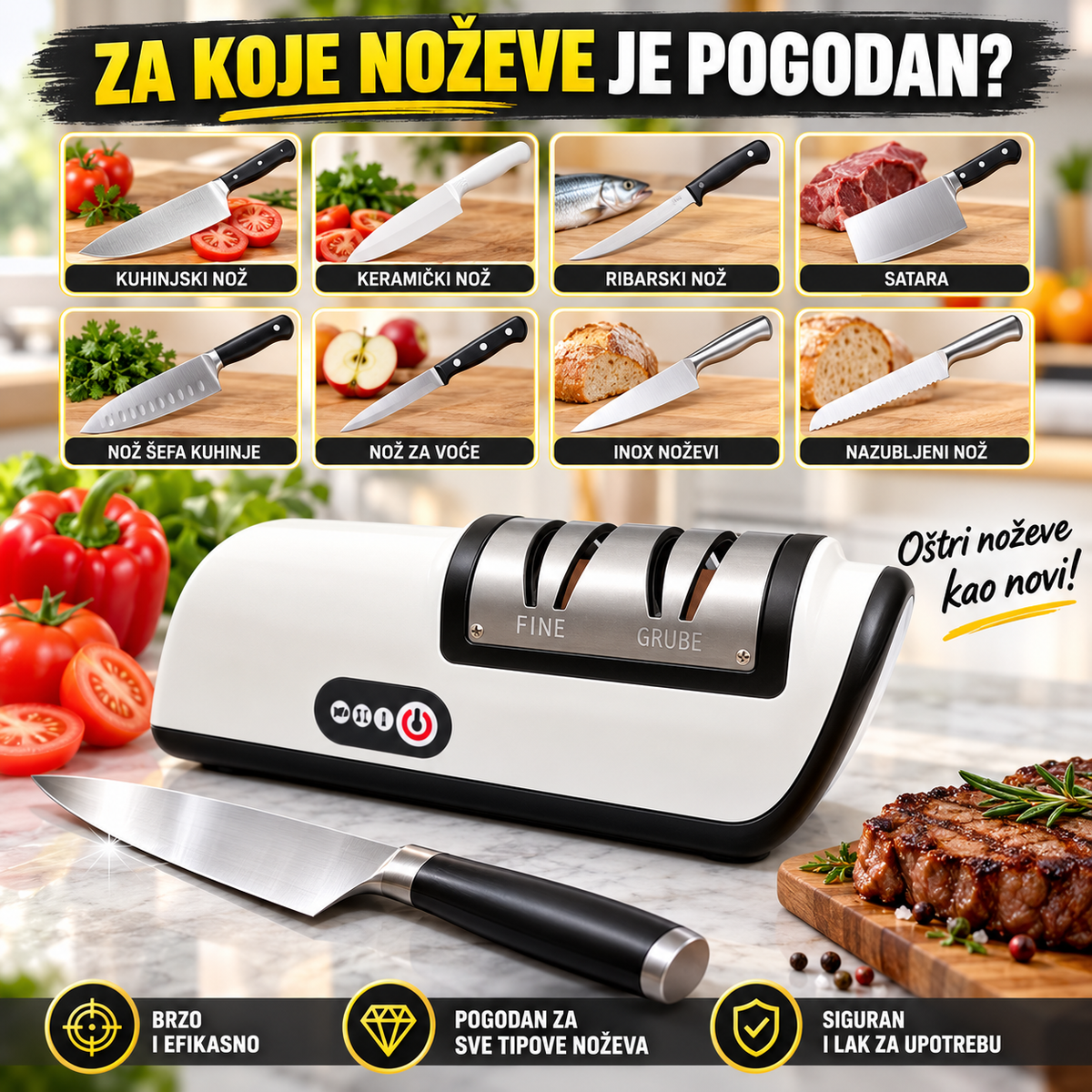 Električni Oštrač Noževa sa 2 Faze Oštrenja